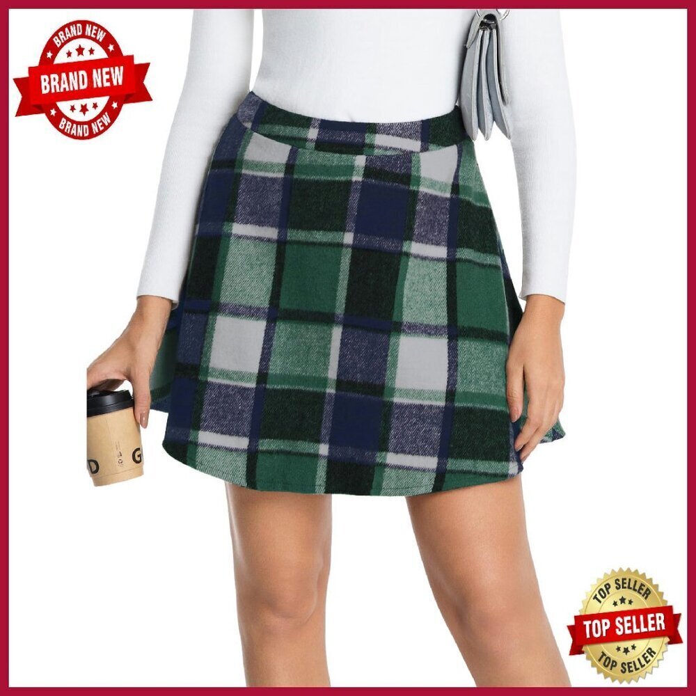 Wool Blend Plaid Mini Skirt High Waisted A-Line Pleated Casual